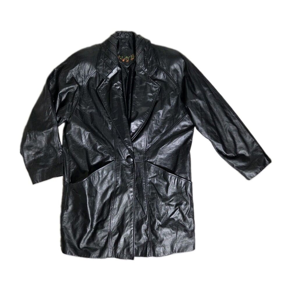 Vintage GIII Black Genuine Leather Long Blazer Jacket Floral Embroidered M GUC
